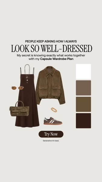 Brown slip dress, suede jacket and accessories with a warm brown palette