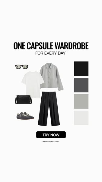 White tee, grey overshirt and black trousers with a monochrome palette