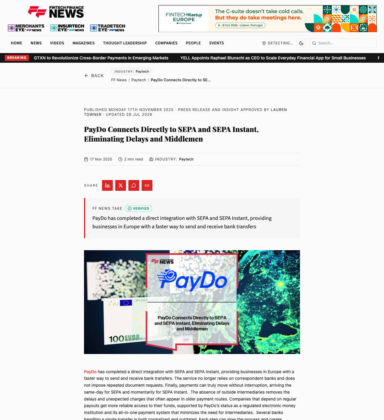 FF News article on PayDo direct SEPA connectivity
