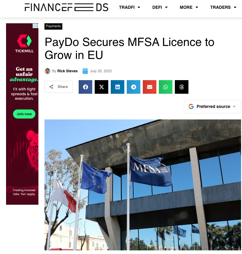 Finance Feeds article on PayDo's MFSA licence