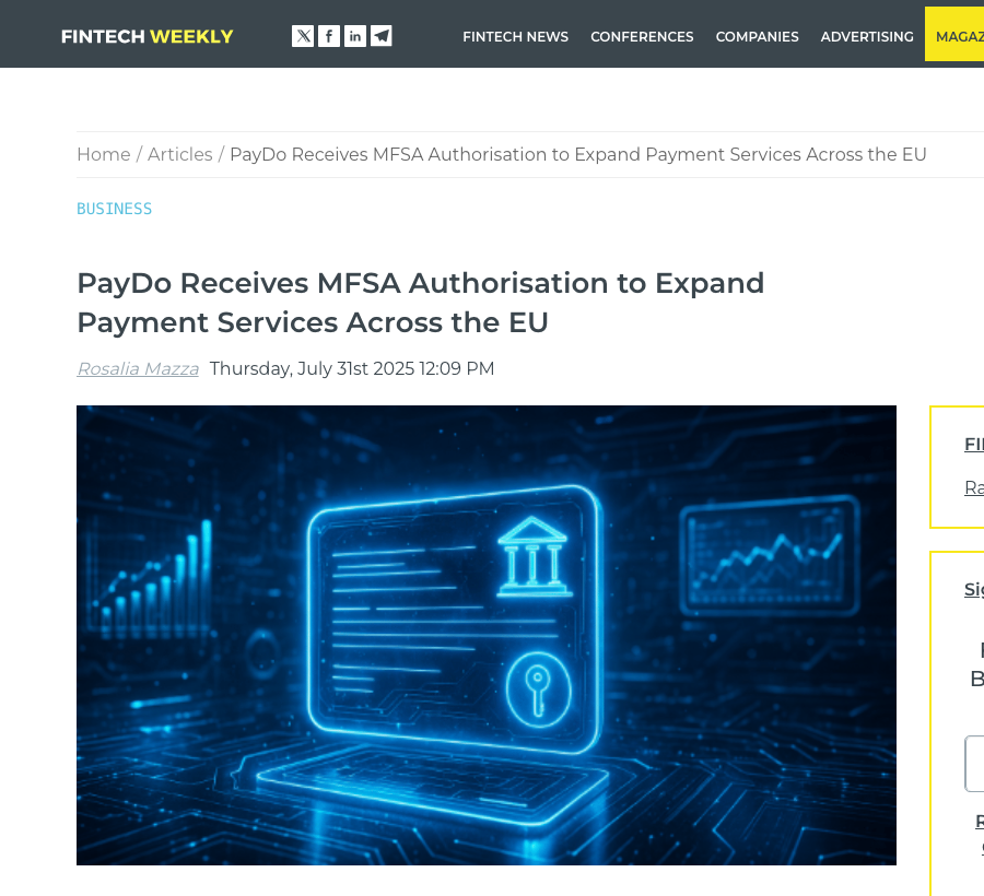 Fintech Weekly article on PayDo's MFSA authorisation