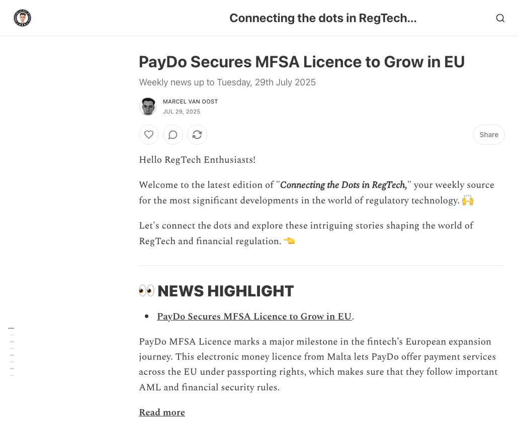 Connecting the Dots in RegTech newsletter on PayDo's MFSA licence